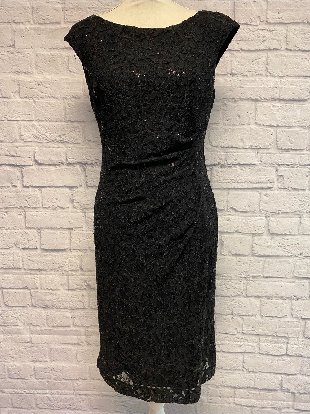 Lauren Ralph Lauren Black Lace Sequin Midi Sheath Dress Size 6